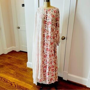 Linen 3 Piece Floral Printed A-line Suit